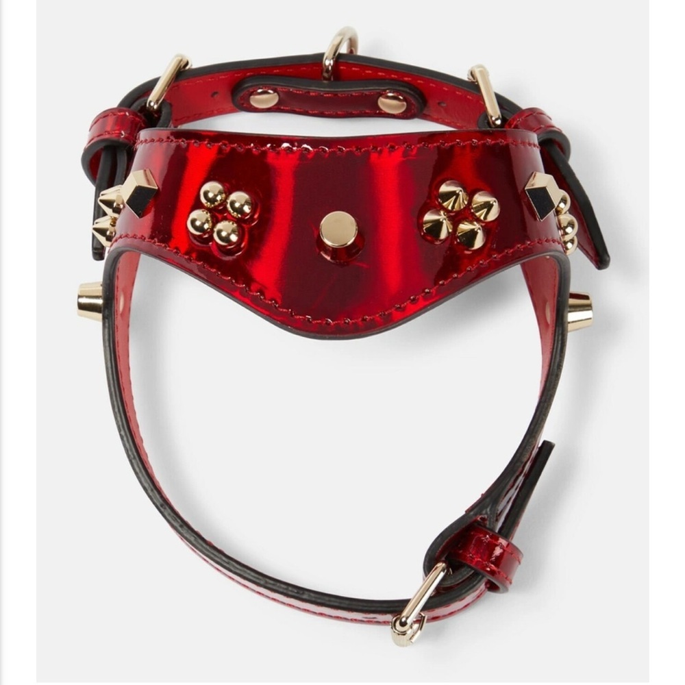 Christian Louboutin LoubiHarness XS Psychic Patent Red Leather Gold Tone Spikes